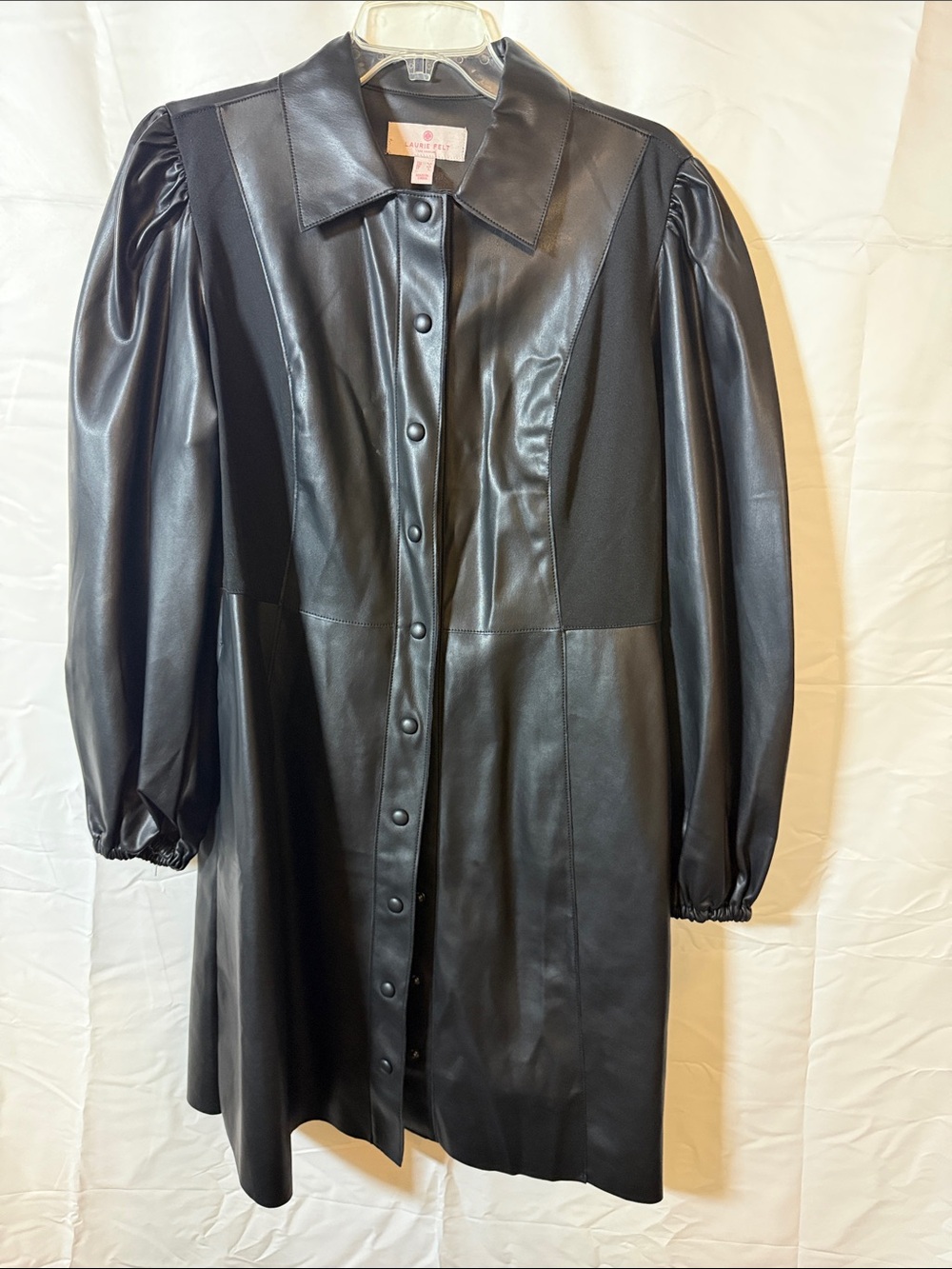 Laurie Felt Black Faux Leather Button-Front dress with Puff Sleeves